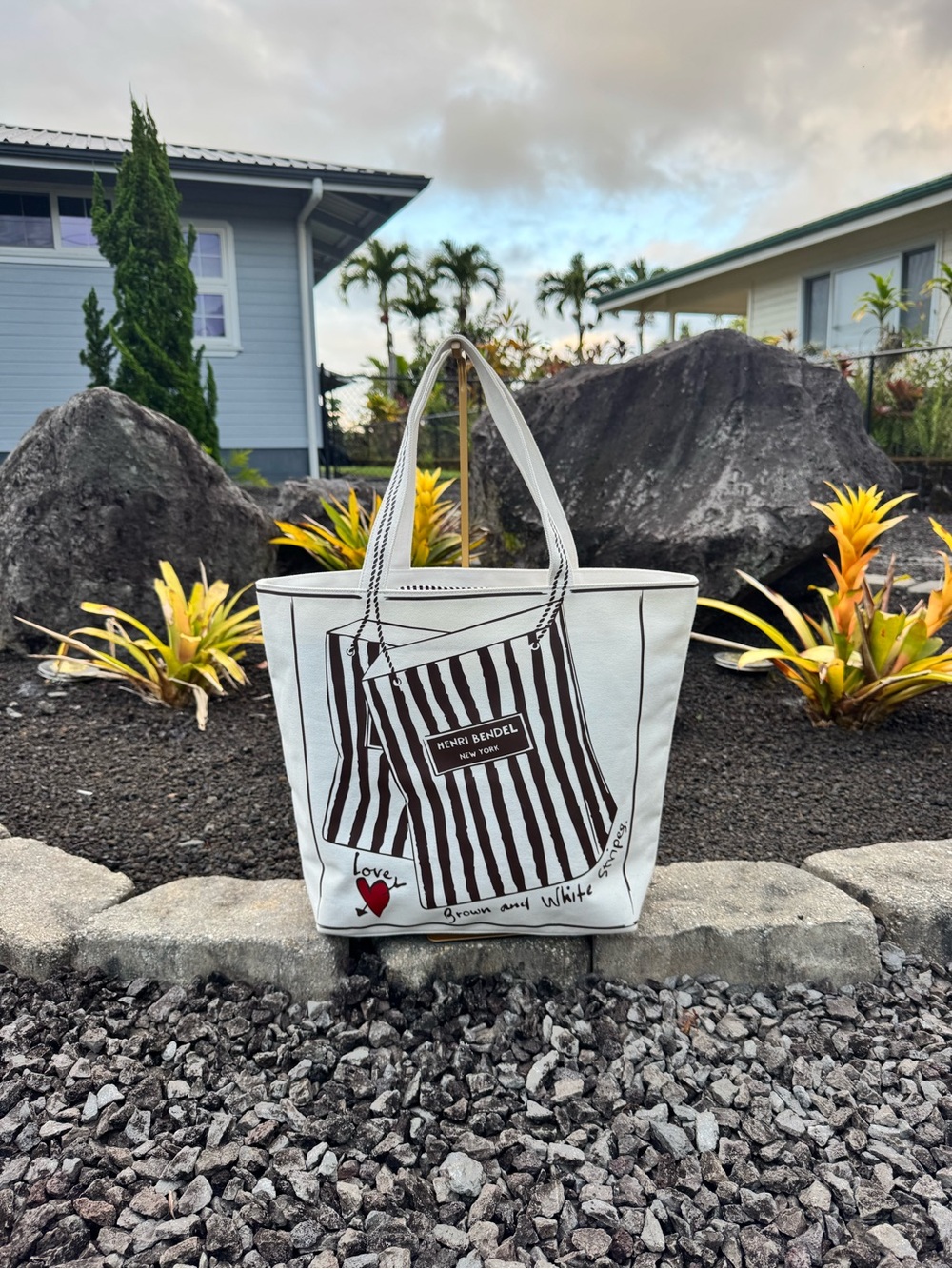 Henri Bendel Love of Shopping Canvas Tote Bag White Brown Stripe Market Shopper